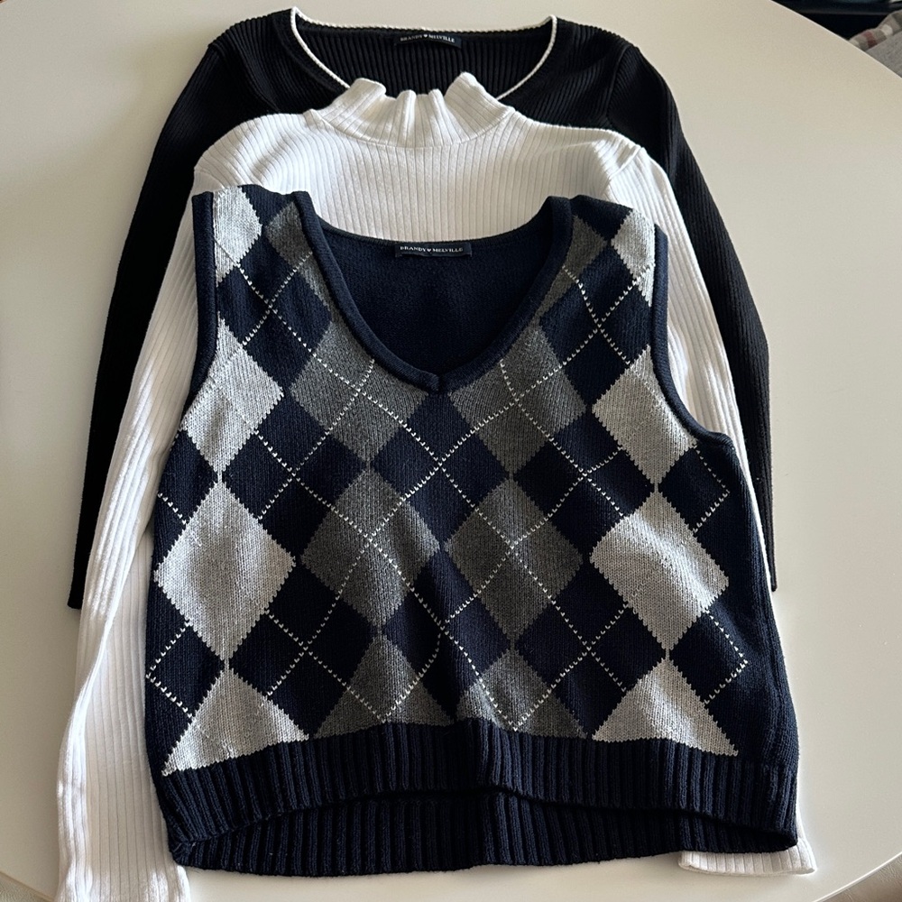 Brandy Melville Argyle Knit Sweater Vest and Ribbed Sweater Set